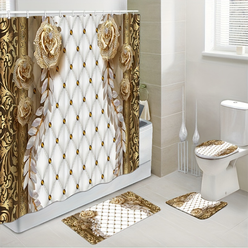 Golden Floral Print Shower Curtain Set, Bathroom Rug, U-shape Mat