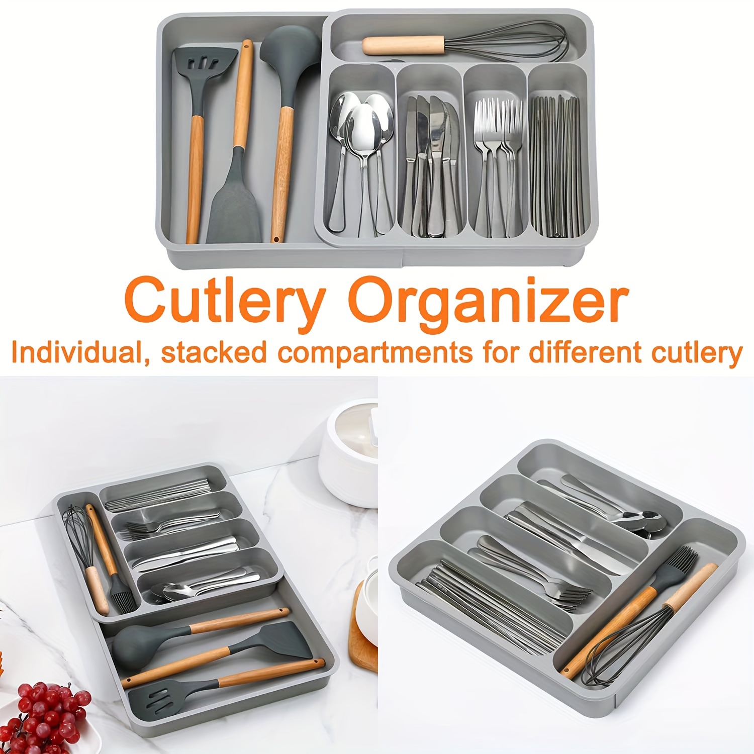 organizador de cubiertos caja de almacenamiento cubiertero ideal para  cuchillos, Cucharas, tenedores, bandeja dorganizador ahorrador de espacio