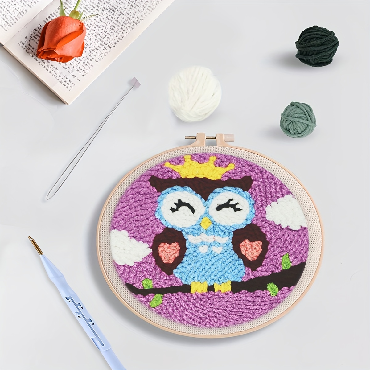 3Pcs of Embroidery Punch Needle kit for kids Mini Pillows Googly Heart Owl  Rainbow Needlepoint Craft Embroidery Pen Needle Punch Kit Art Punch Needle
