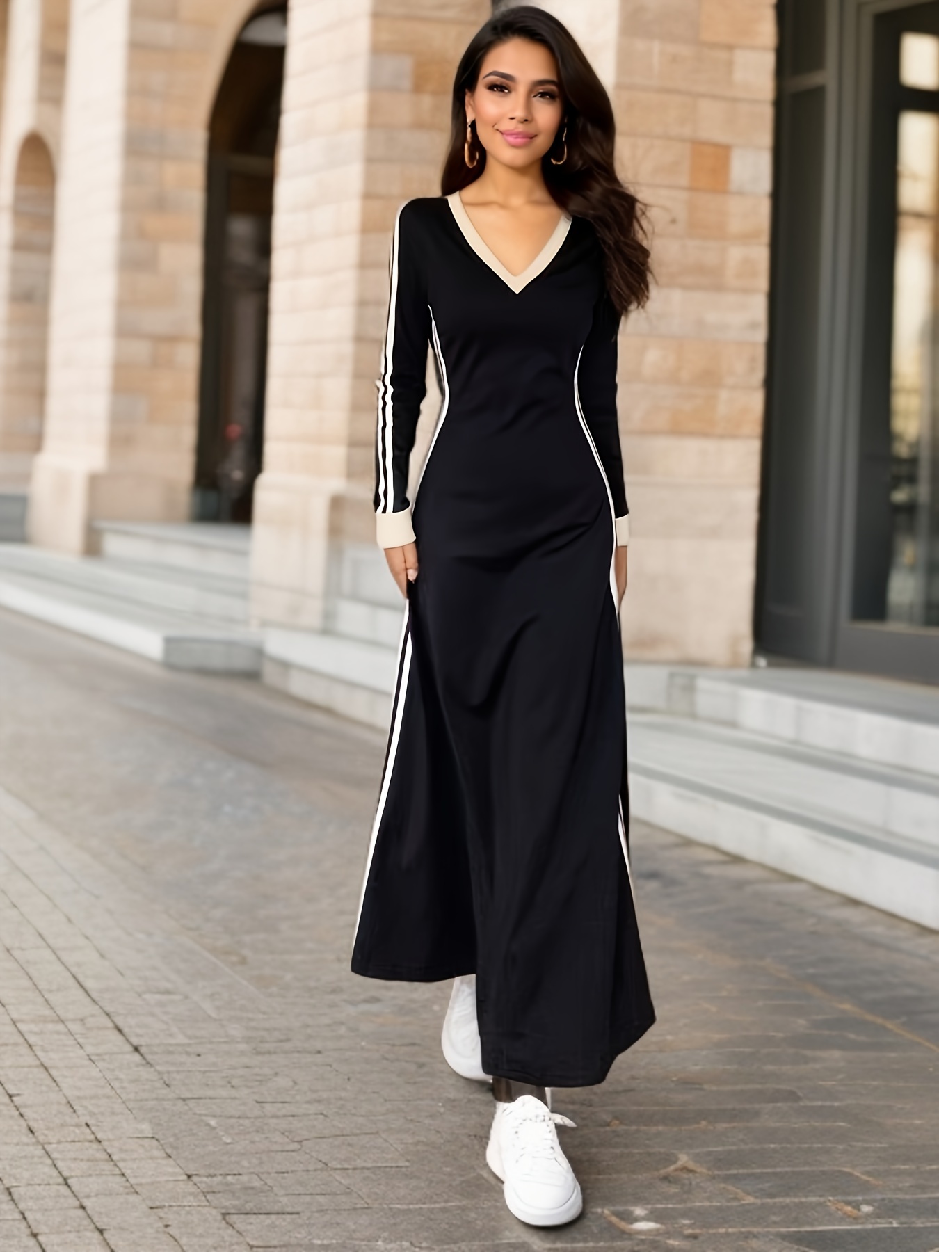 Contrast Lace V Neck Dress, Elegant Long Sleeve Long Length Dress, Women's  Clothing
