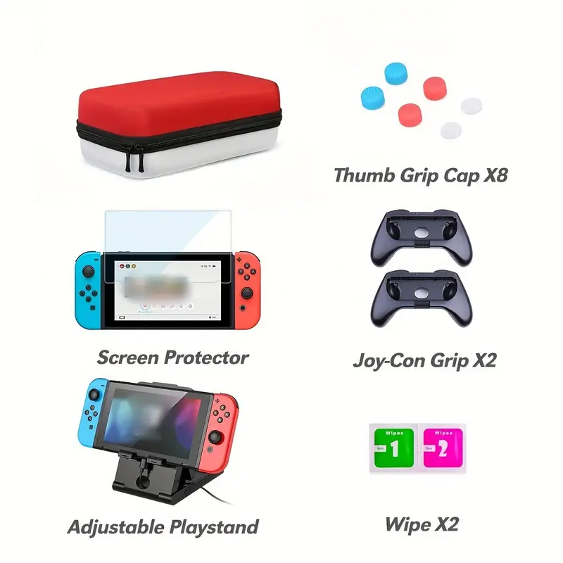case for nintendo switch 11 in 1 nintendo switch carry case come with 2 grips adjustable playstand tempered glass screen protector with 6 thumb grip caps red white details 0