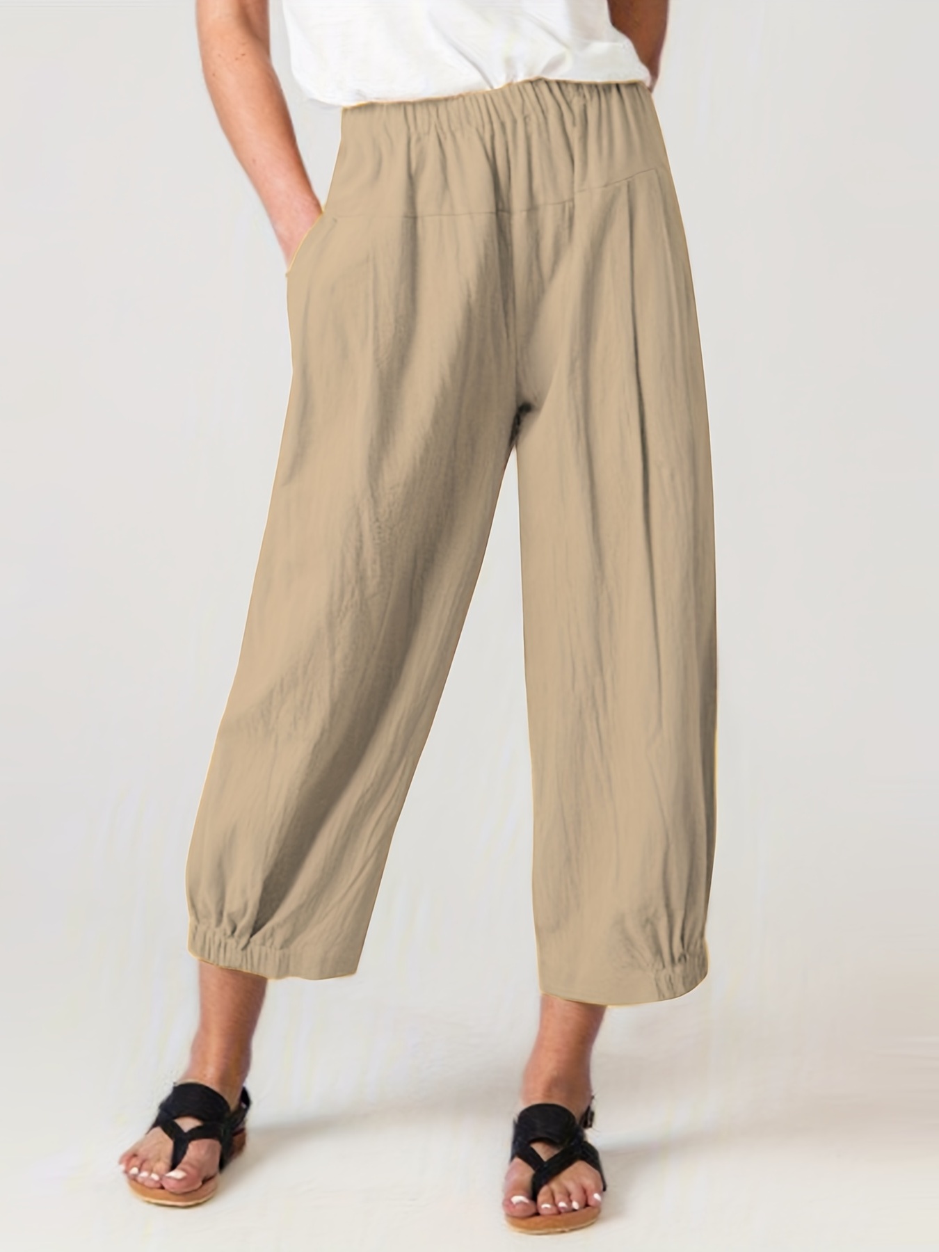 Minimalist Solid Versatile Pants, Casual Wide Leg Elastic Waist Summer  Pants, Women's Clothing