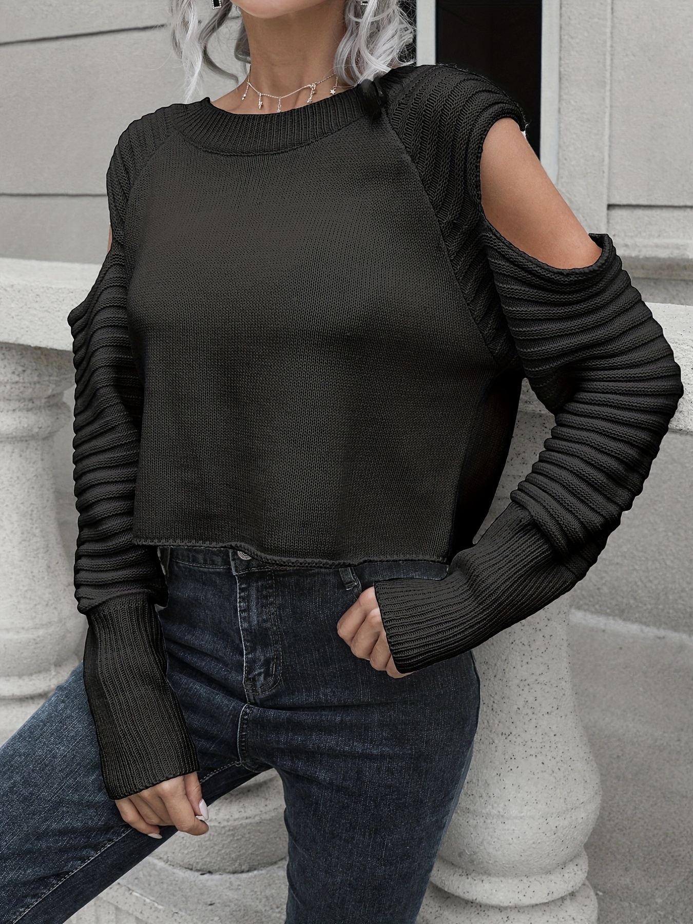 Women's Fall Pullover Sweater Solid Drop Shoulder Ribbed Knit