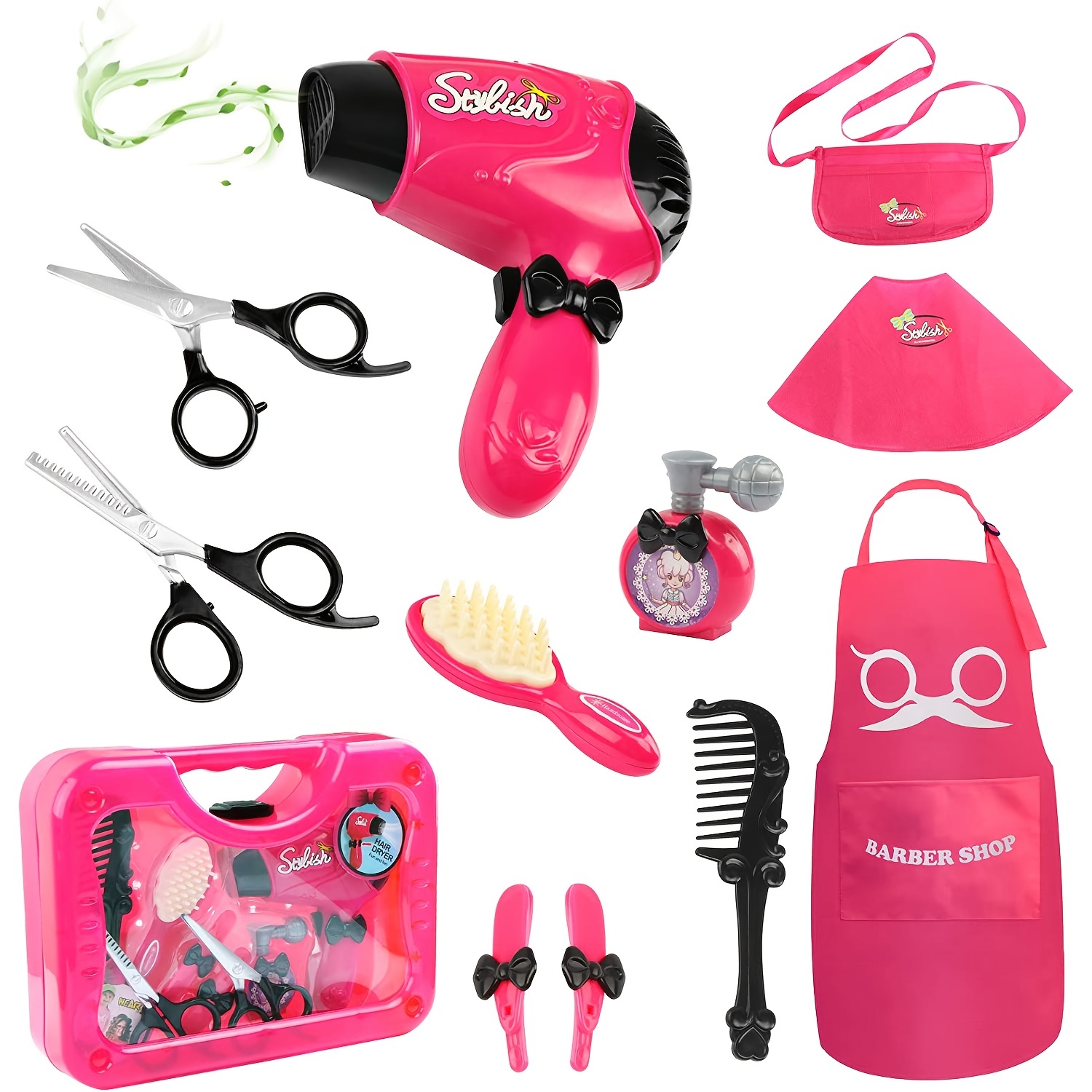 Toddler Girls Beauty Hair Salon Toy Kit, Pretend Makeup Toy Kit with Carrying Case, Hairdryer, Mirror & Other Accessories for Kids, 17 Piece Set, Pink