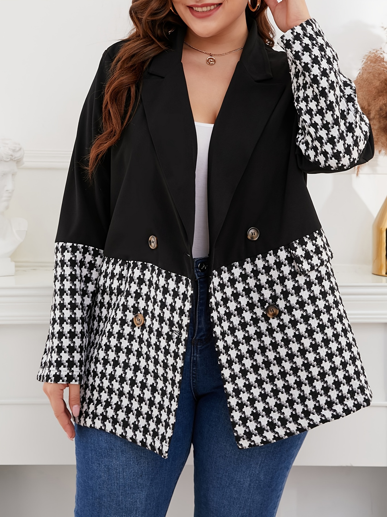 Houndstooth Lapel Collar Blazer Women's Plus Business Casual Blazer