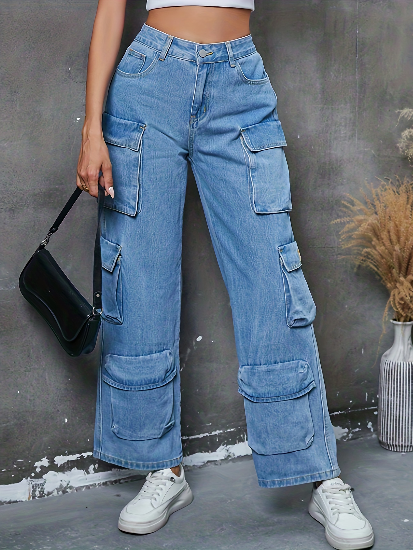 Side Flap Pocket High Cargo Jeans Multi pocket Washed - Temu