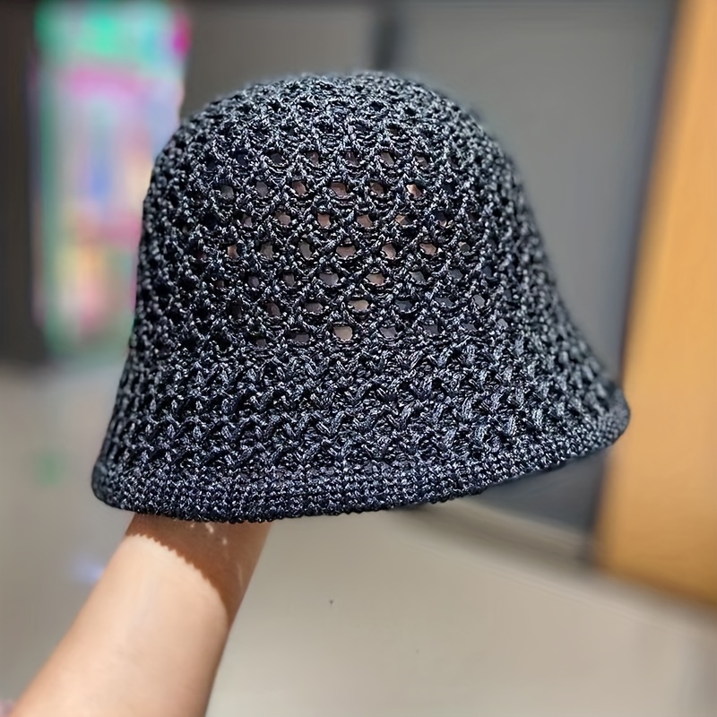 Solid Color Casual Bucket Hat Hollow Crochet Breathable - Temu