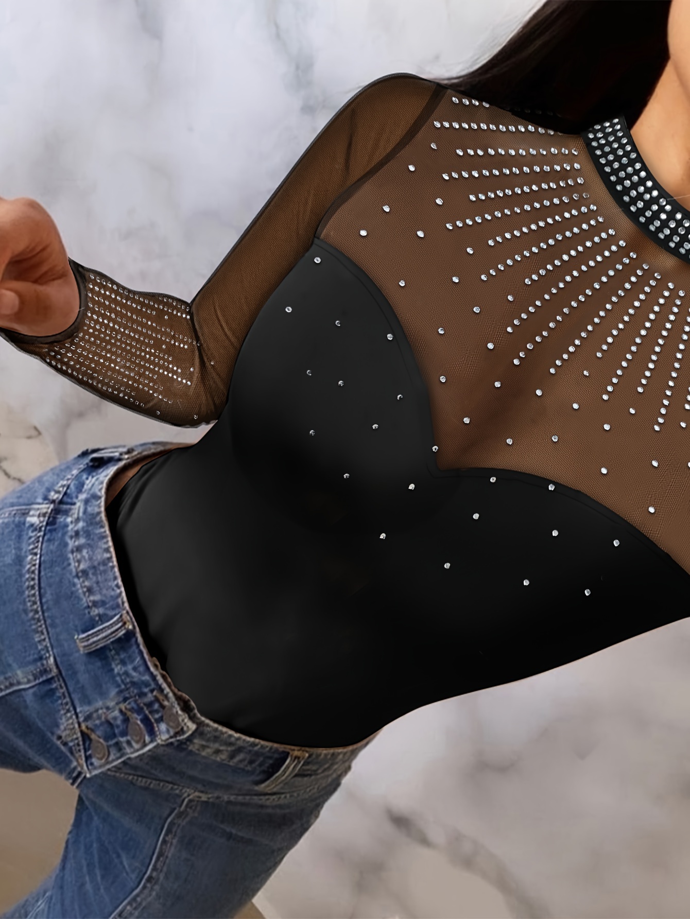 Smart & Sexy Women's Sheer Lace & Mesh Bodysuit Black Hue (Dot Mesh) 2X