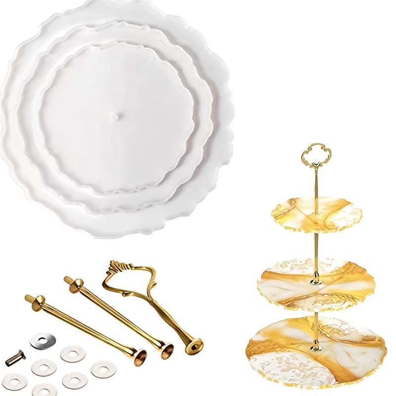 MOTASOM 2 Pack 3 Tier Cake Stand Resin Tray Molds, Epoxy Resin Casting Mold  with 6Pcs Crown Brackets and 20 Gold Foils, DIY Silicone