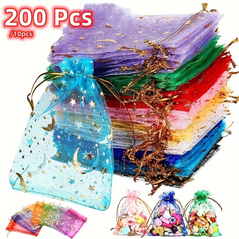 

200/10pcs Moon Star Mixed Color Drawstring Organza Bags, Jewelry Gifts Wedding Party Candy Favors Packaging Pouches, Valentine's Day Christmas Mother's Day Supplies For Eid, Ramadan