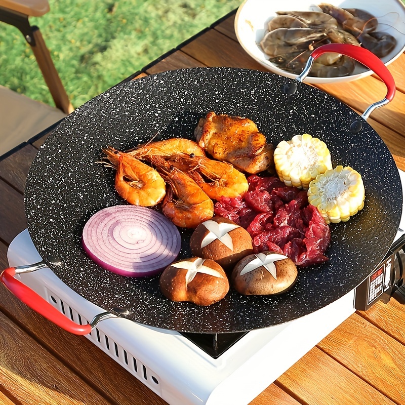 Round Threaded Frying Pan Korean Style BBQ Grill Pan with Ear Handle Non  Stick Stovetop Barbecue Plate for Outdoor Camping - AliExpress
