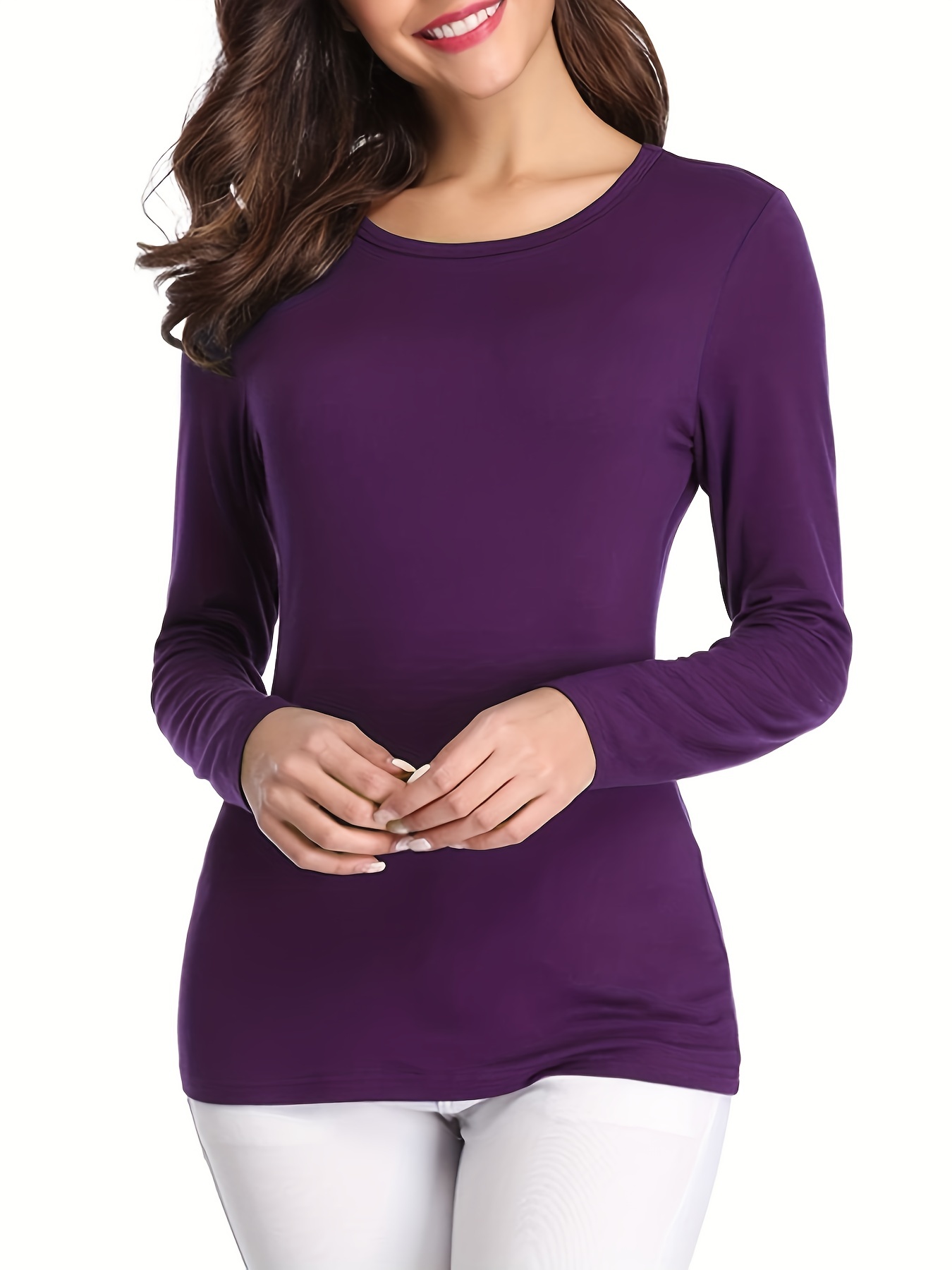 solid crew neck t shirt casual long sleeve lim top for spring fall womens clothing purple 0