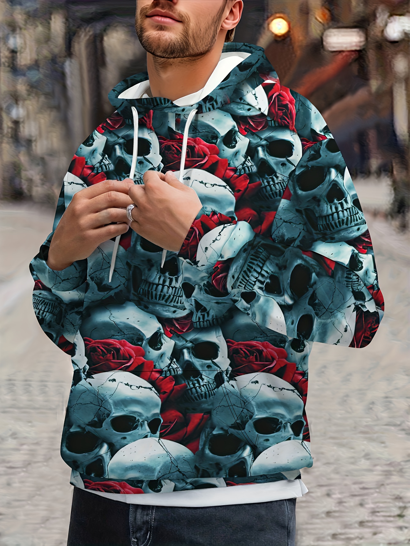 Skull Head And Rose Full Print Men s Novelty Long Sleeve Temu