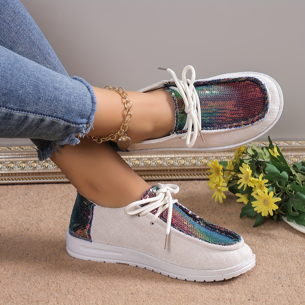 Solid Color Sneakers, Women's Sequin Decor Sparkly Fashion Lace Up Comfy Thick Bottom Sneakers,Temu