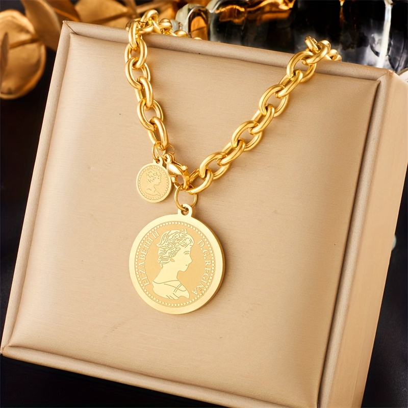 

1pc Stainless Steel Golden Color Hip Hop Round Portrait Coin Necklace For Women Men, Fashion Trendy Jewelry Gift Joy For Girl