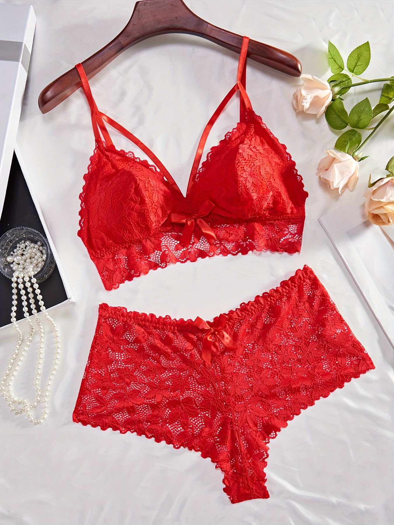 Solid Floral Lace Heart Linked Semi Sheer Bra Panty Criss - Temu