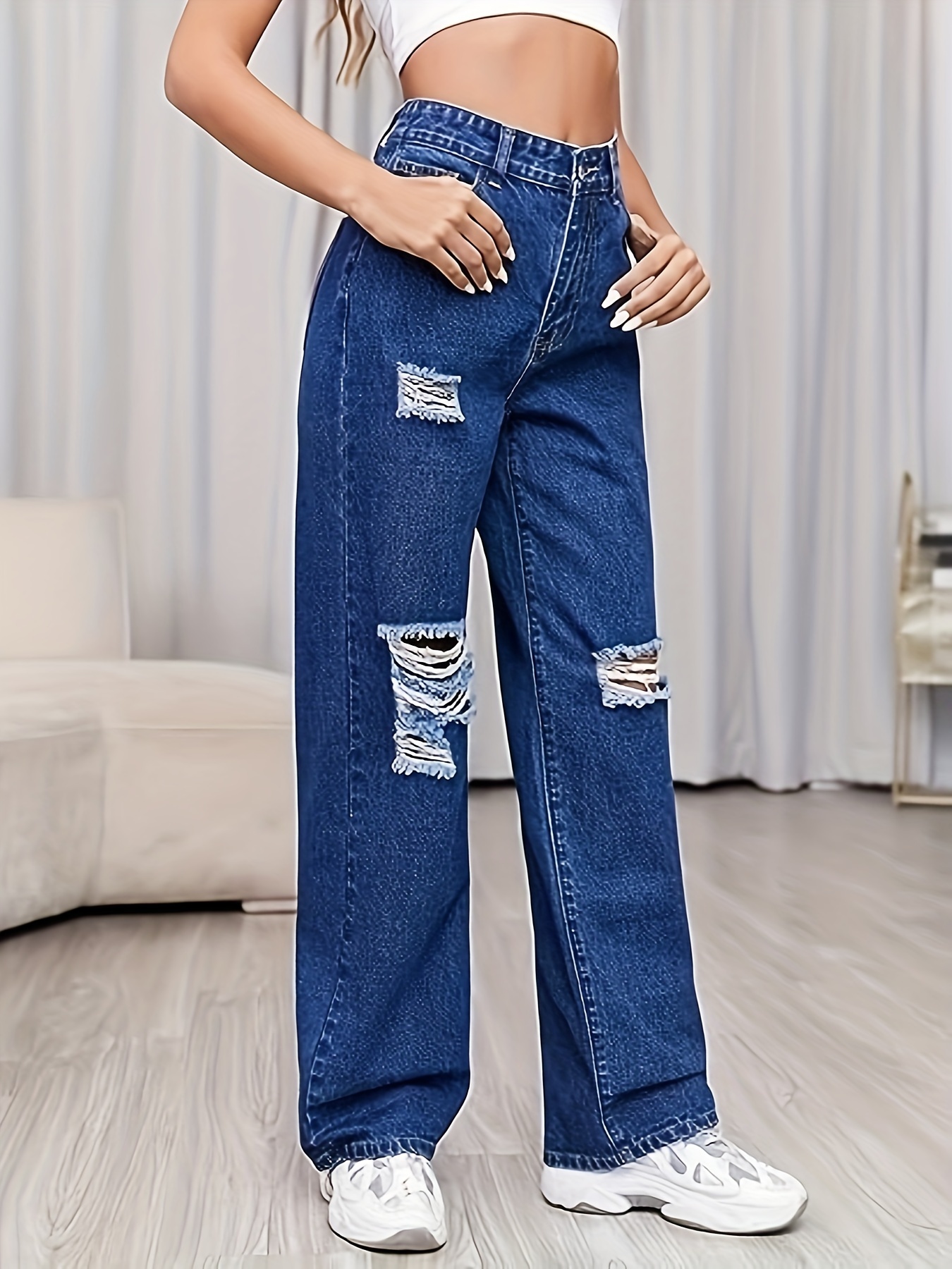 Dark Blue Distressed Straight Jeans Ripped Holes Loose Fit - Temu