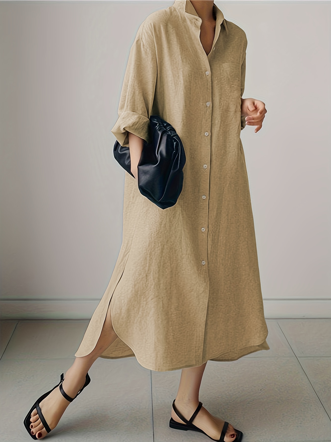 Plus Size Casual Dress Women's Plus Solid Button Long Sleeve - Temu