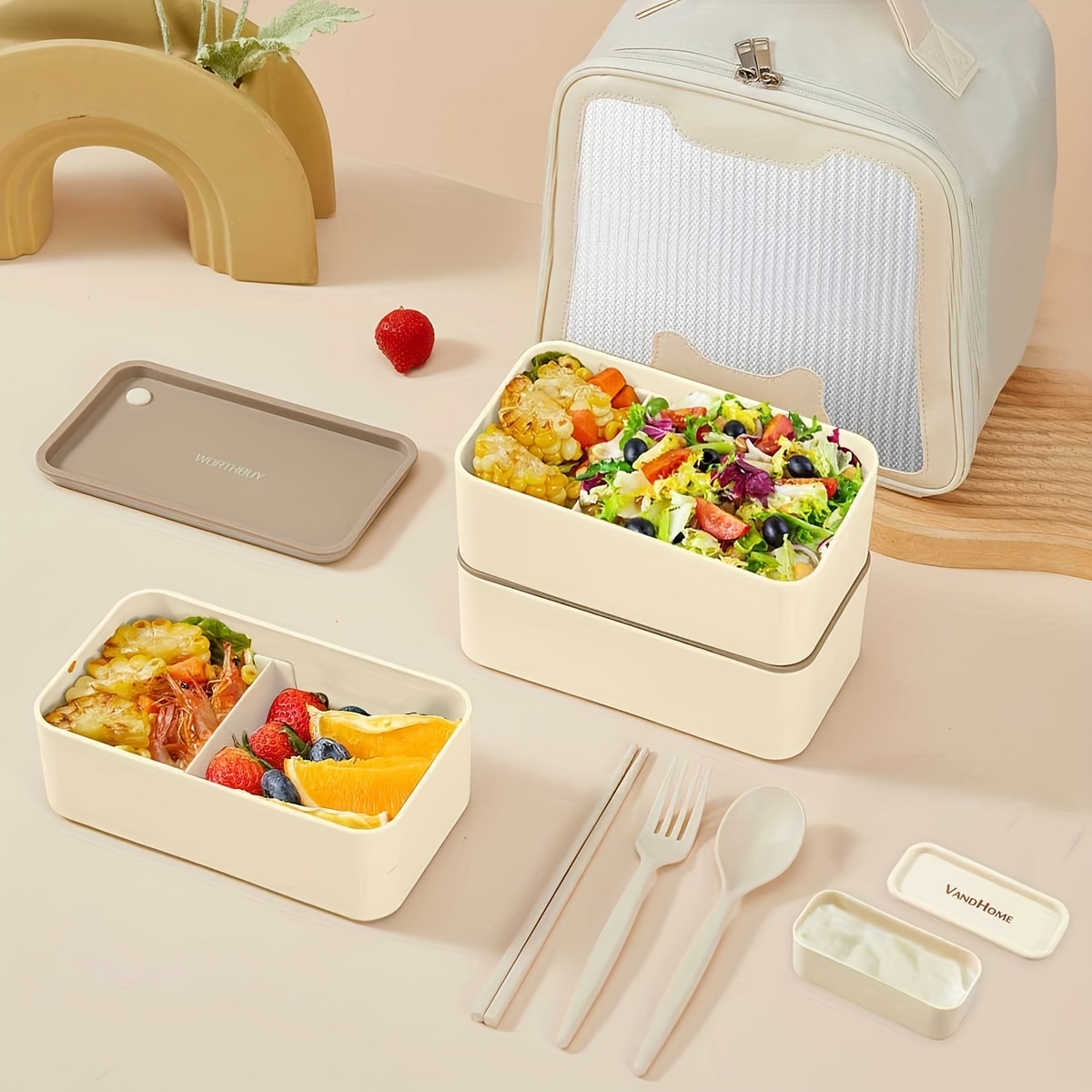 1440ml Microwavable Plastic Bento Lunch Box With Bag, Sauce