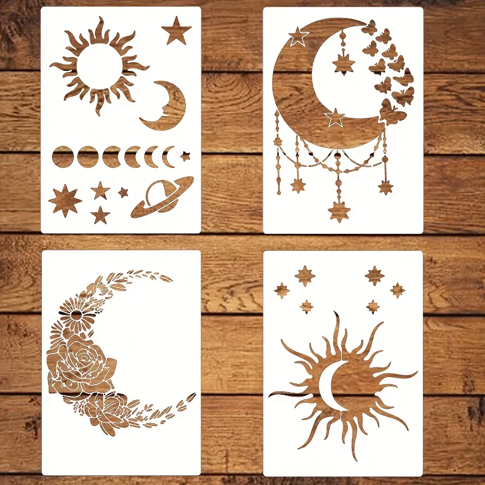 Moon Stencil Plastic Moon Stars Flowers Drawing Painting Stencils Flowers  Mushroom Pattern Reusable Stencils for Painting on Wood Floor Wall and Tile  