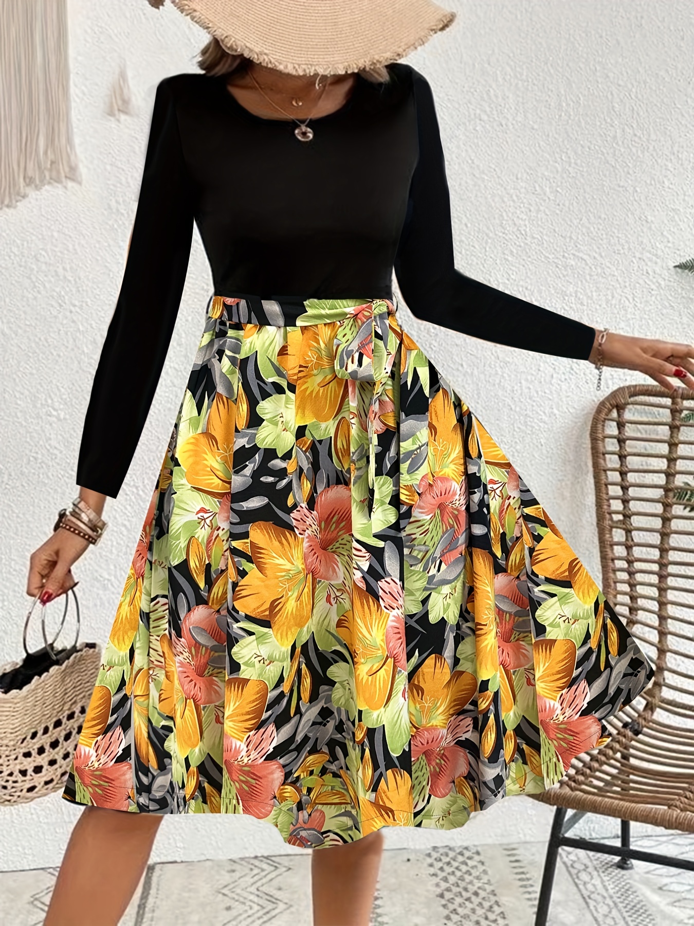 Платье с цветочным принтом, винтажное платье с круглым вырезом и длинными рукавами, женская одежда