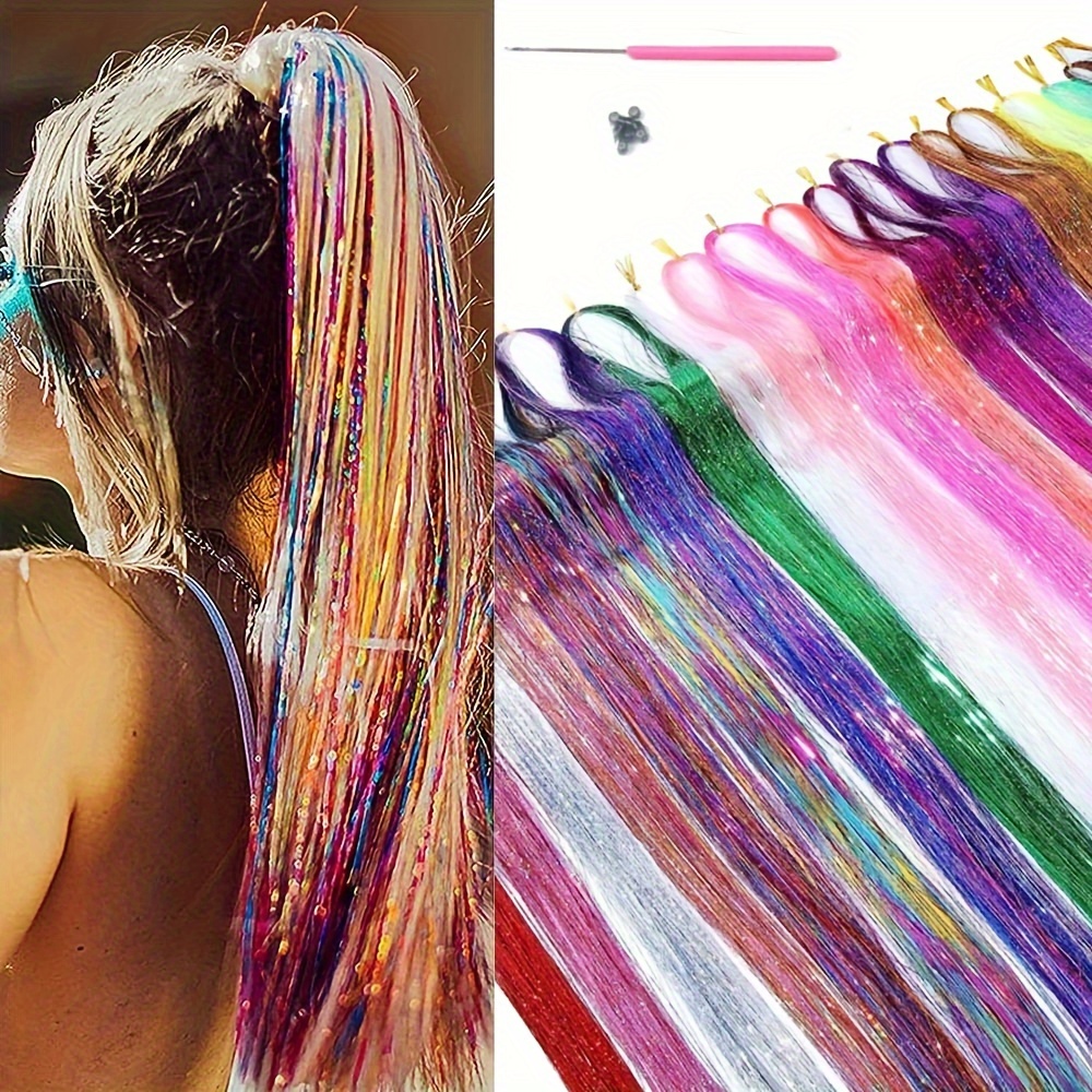 Hair Tinsel Pack of 12 Pcs Clip in Hair Tinsel 20 Inch Colorful Glitter  Tinsel Hair Extensions Tinsel Fairy Hair Party Dazzle Hair Accessories  Strands