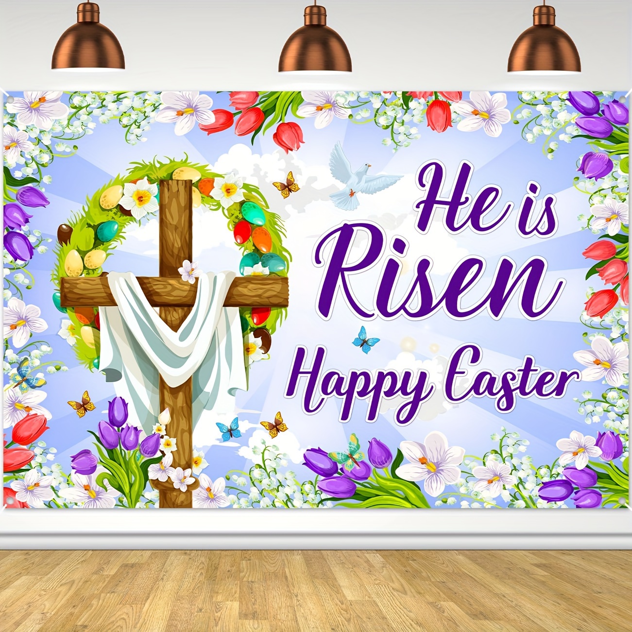 Fabric He Is Risen Easter Backdrop Spring Christian Cross Lily