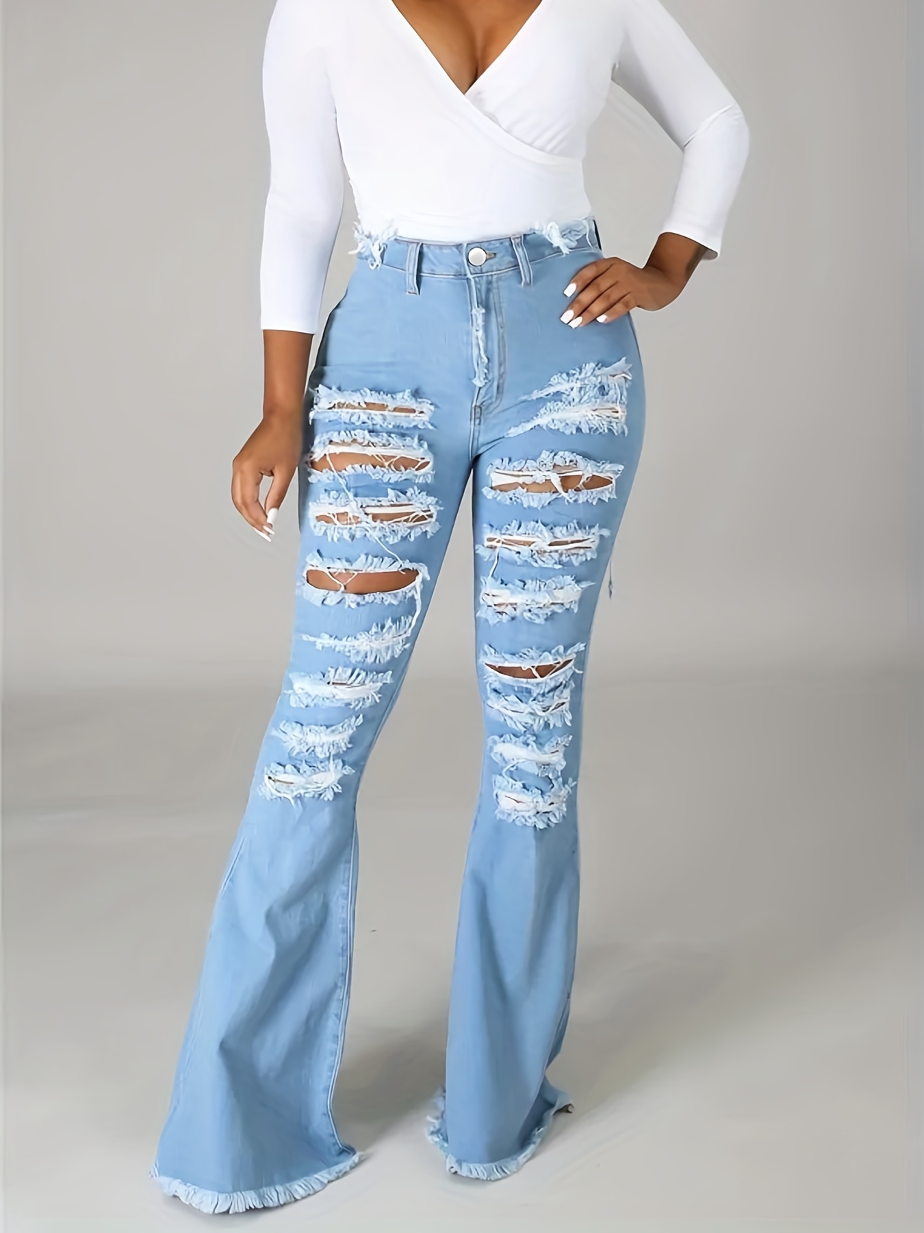 Black Ripped Holes Flared Jeans Bell Bottom High Waist Wide - Temu