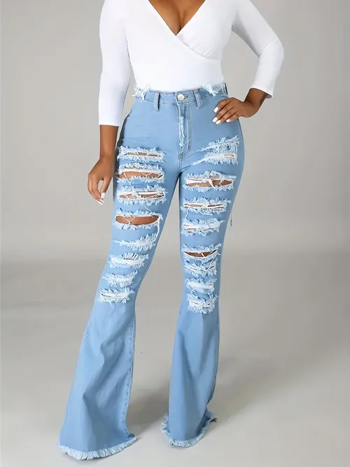 Blue High Waist Flare Jeans Ripped Holes Raw Trim Washed Bell Bottom ...