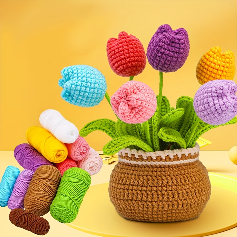 Crochet Kit for Beginners,1 Set Multicolored Potted Tulip Crochet Kits,with  Step-by-Step Video Tutorials,Beginner Crochet Starter Kit for Adults