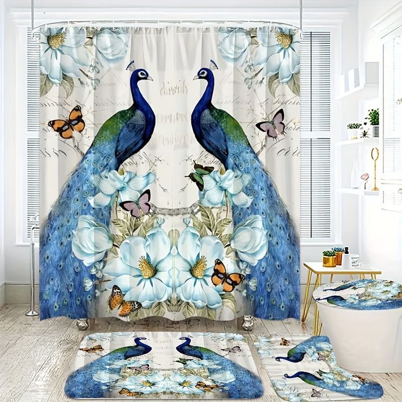 Beautiful Peacock Shower Curtain Set Bathroom Decor Set - Temu