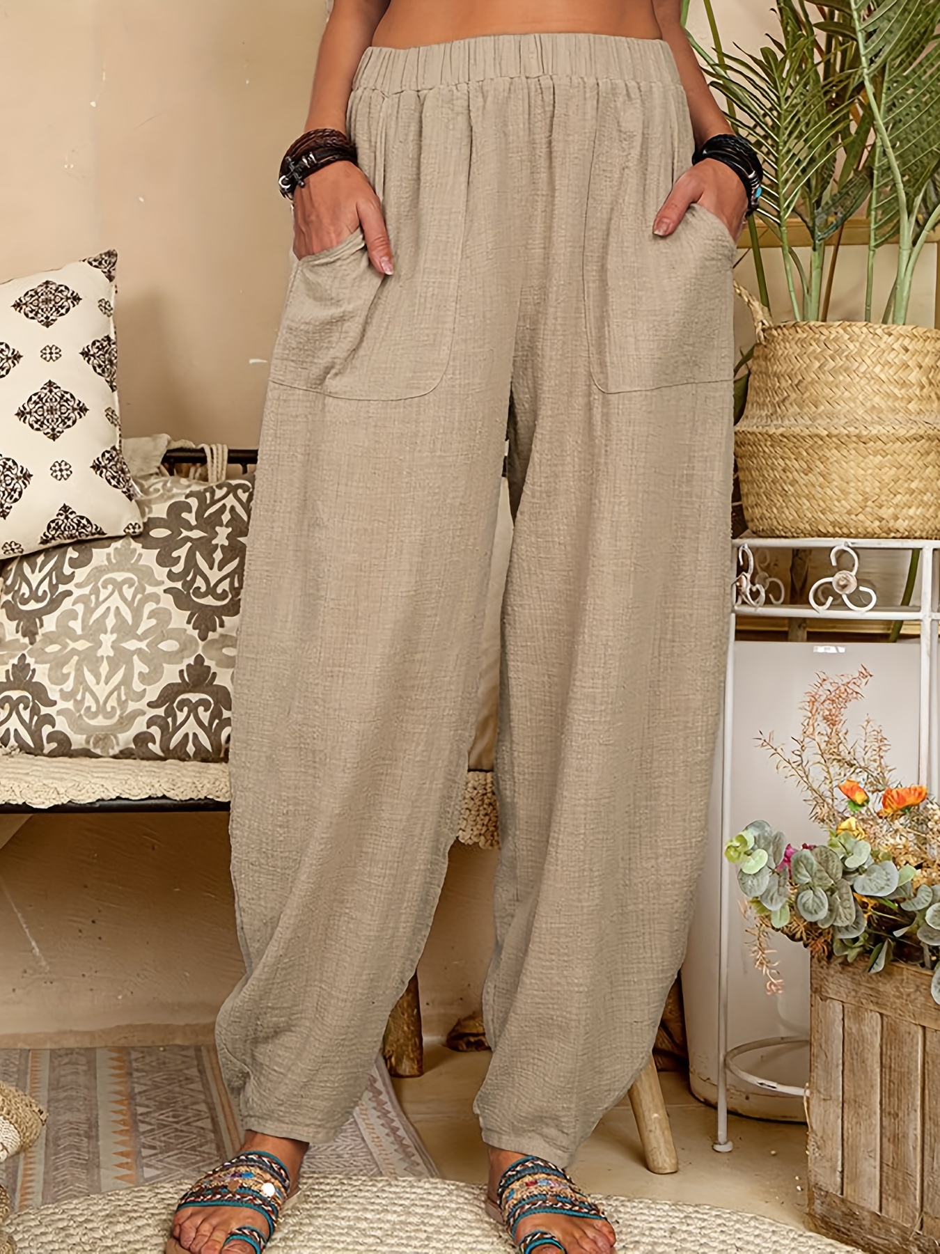 Women's Solid Elastic Pants Casual Loose High Waist Pants - Temu
