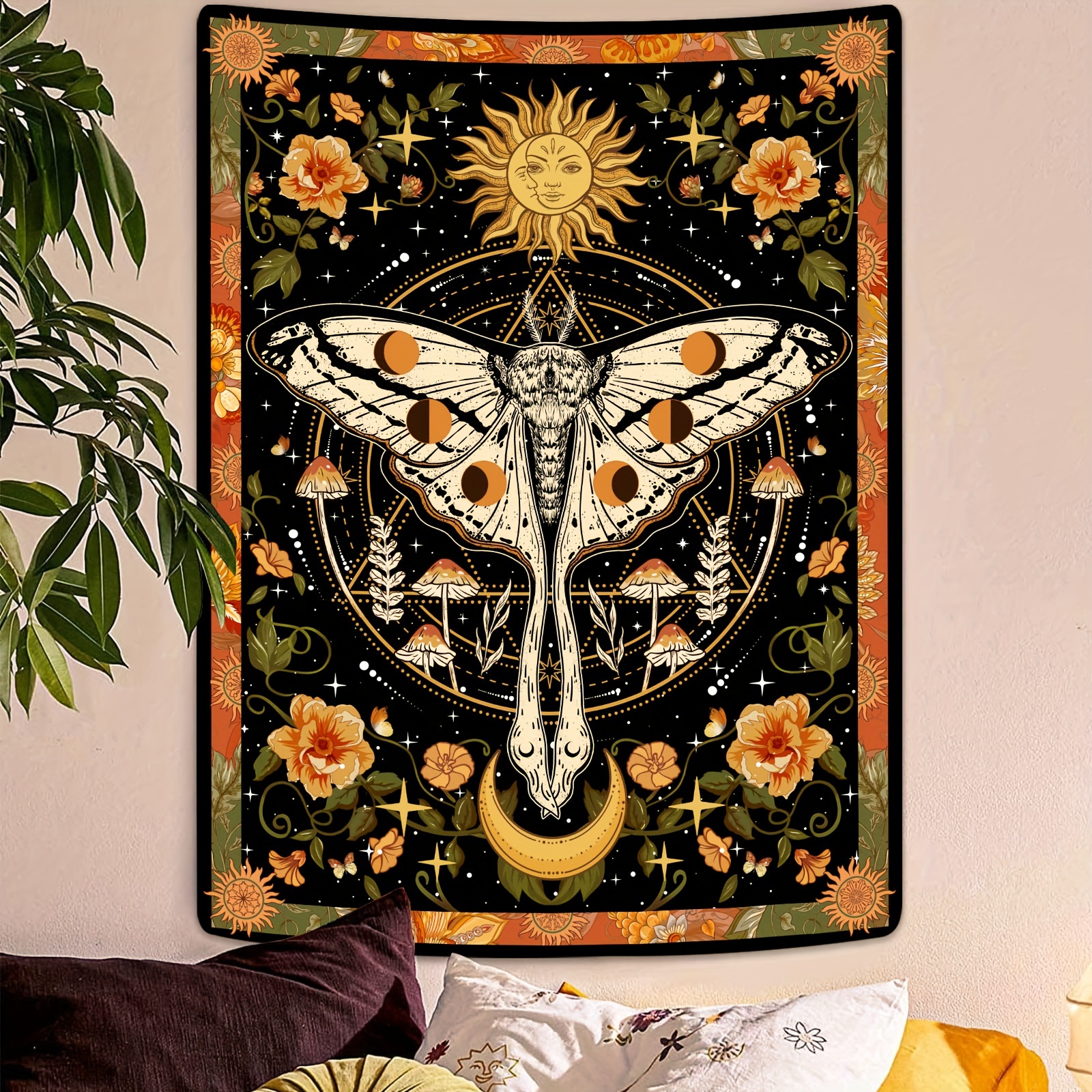 

1pc Retro Yellow Moth Tapestry, Mandala Tapestry Aesthetic Bedroom Decoration Plants Sun And Moon Room Decoration Wall Hanging Tapestry Bedroom Aesthetics Tapestry For Living Room Office Home Decor