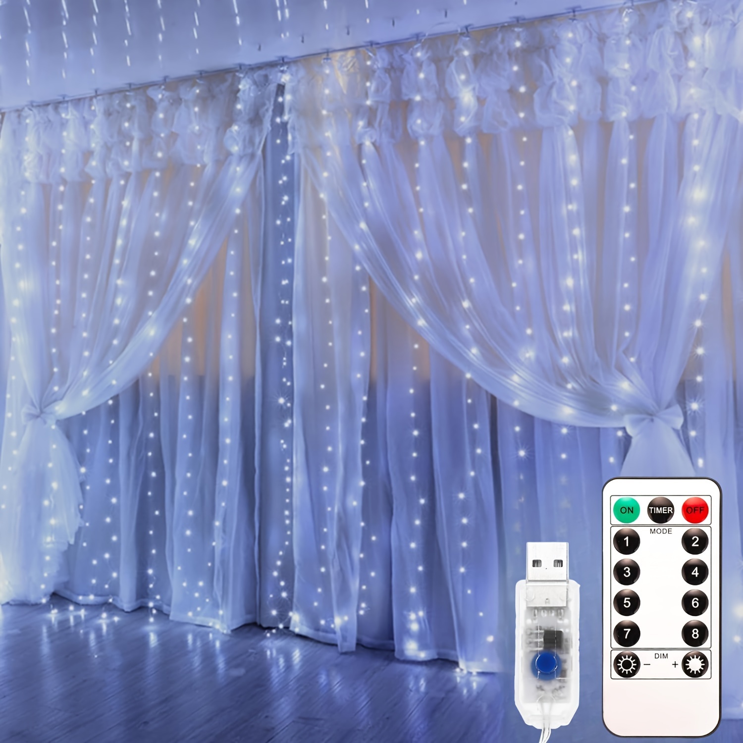 Guirlande Lumineuse Rideau, Avec crochet Rideau Lumineux USB 300 LED 3m3m 8  Modes d'Eclairage, Decoration
