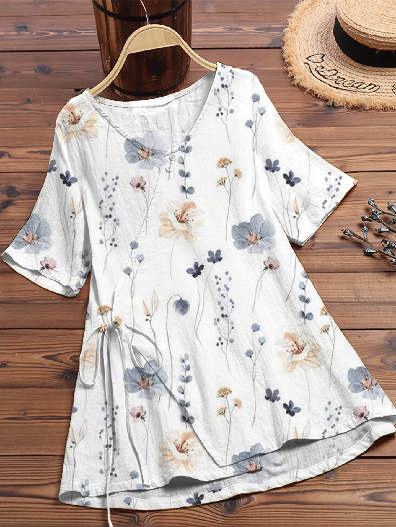 Breezaya Floral Printed Patchwork V-Neck Top And Shorts Set Boho Women Clothing | SHEIN A