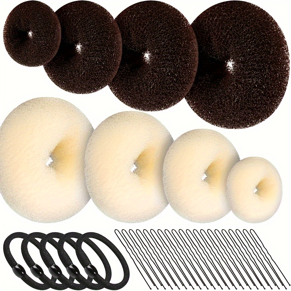

33pcs Hair Styling Tools Include 8pcs Hair Donut Bun Maker, Hair Bun Maker Set With 4pcs Dark Brown &4pcs Beige Donut Bun Makers, 5 Pcs Hair Elastic Bands, 20 Pcs Hair Pins
