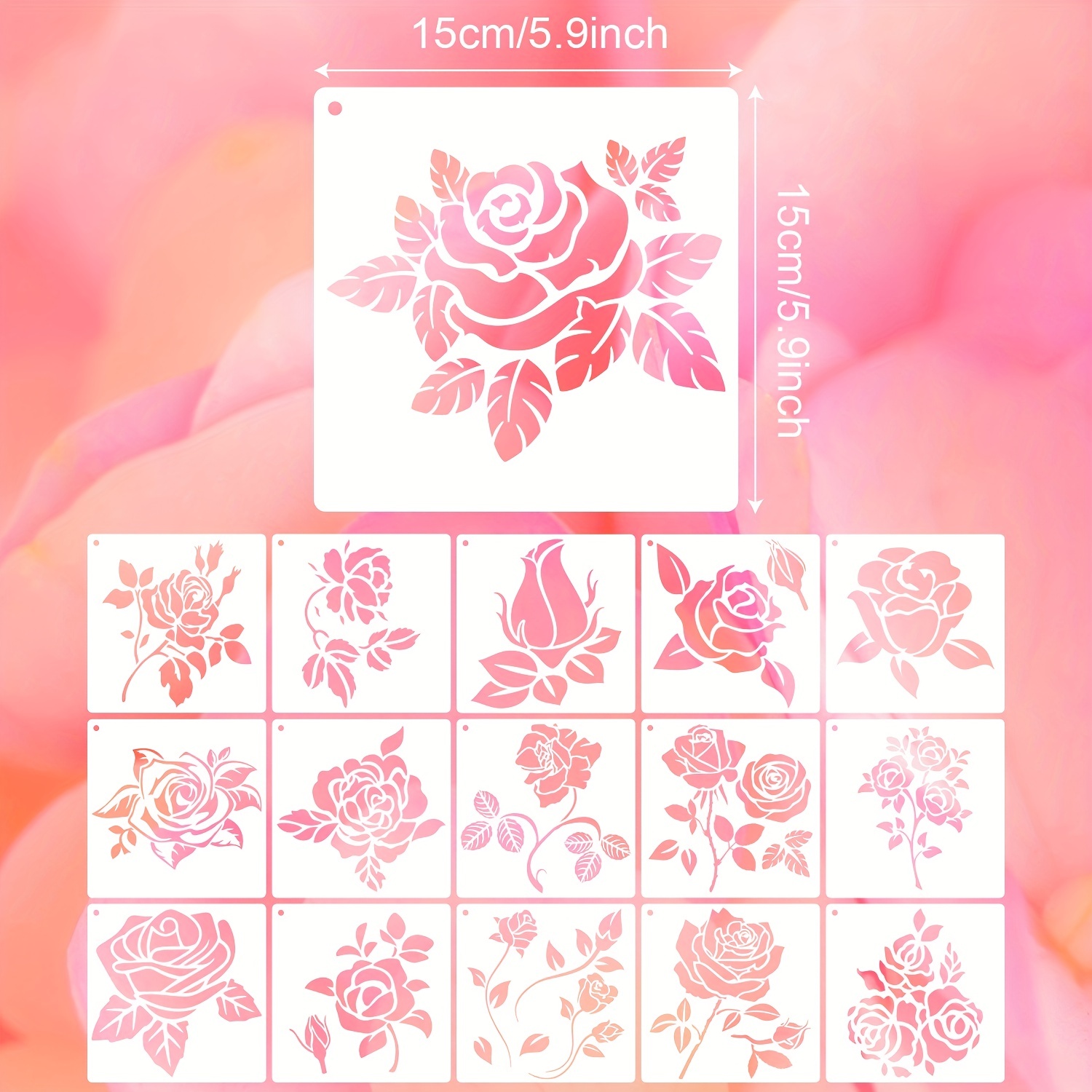 Stencils for Painting on Wood,Wall Home Decor,15x15cm Rose Flower Texture  DIY Reusable Stencils Art Templates for Painting on Wood,Wall