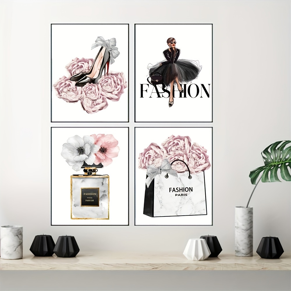 4pcs Fashion Girl Posters, Black Dress Art Canvas High Heels Wall Pictures,  Pink Flowers Art Prints, Perfume Wall Poster, Shopping Bag Poster, Nordic