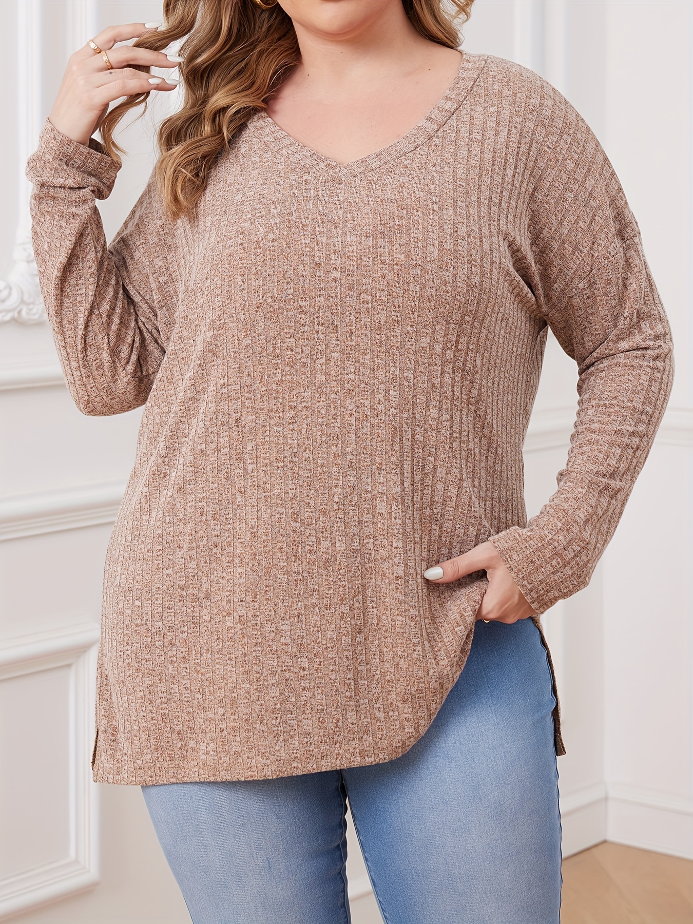 Plus Size Basic Top Women's Plus Solid Ribbed Long Sleeve - Temu Canada