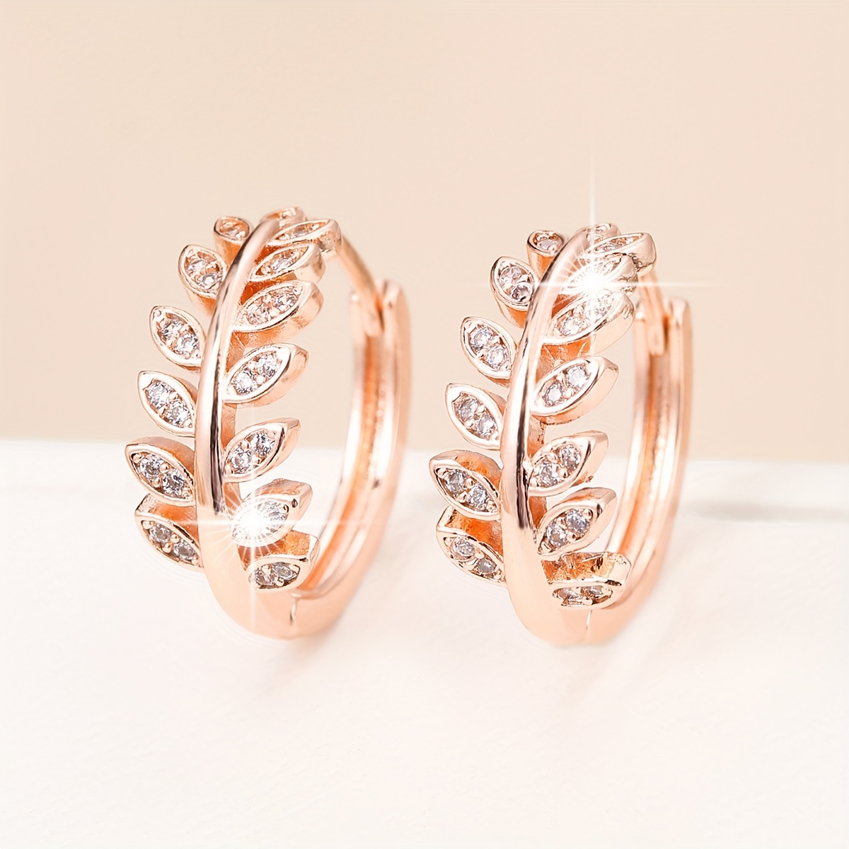 Leaf Shaped Hoop Huggie Earrings Inlaid Zircon