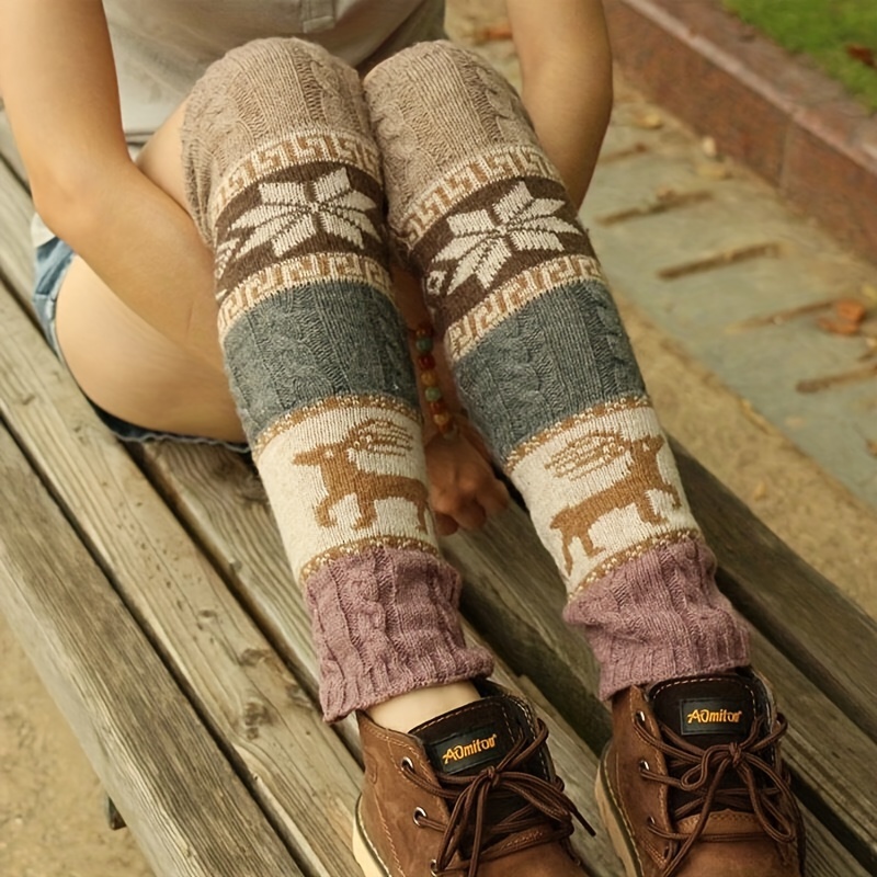 Colorful Fair Isle Leg Warmers Cover Crochet Leggings Winter Knee