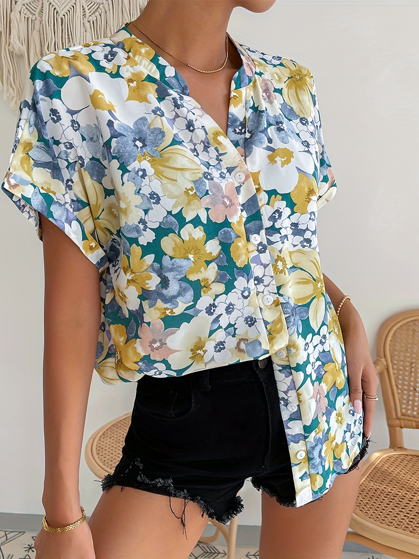 Blusa elegante com estampa floral blusa de botão de manga - Temu