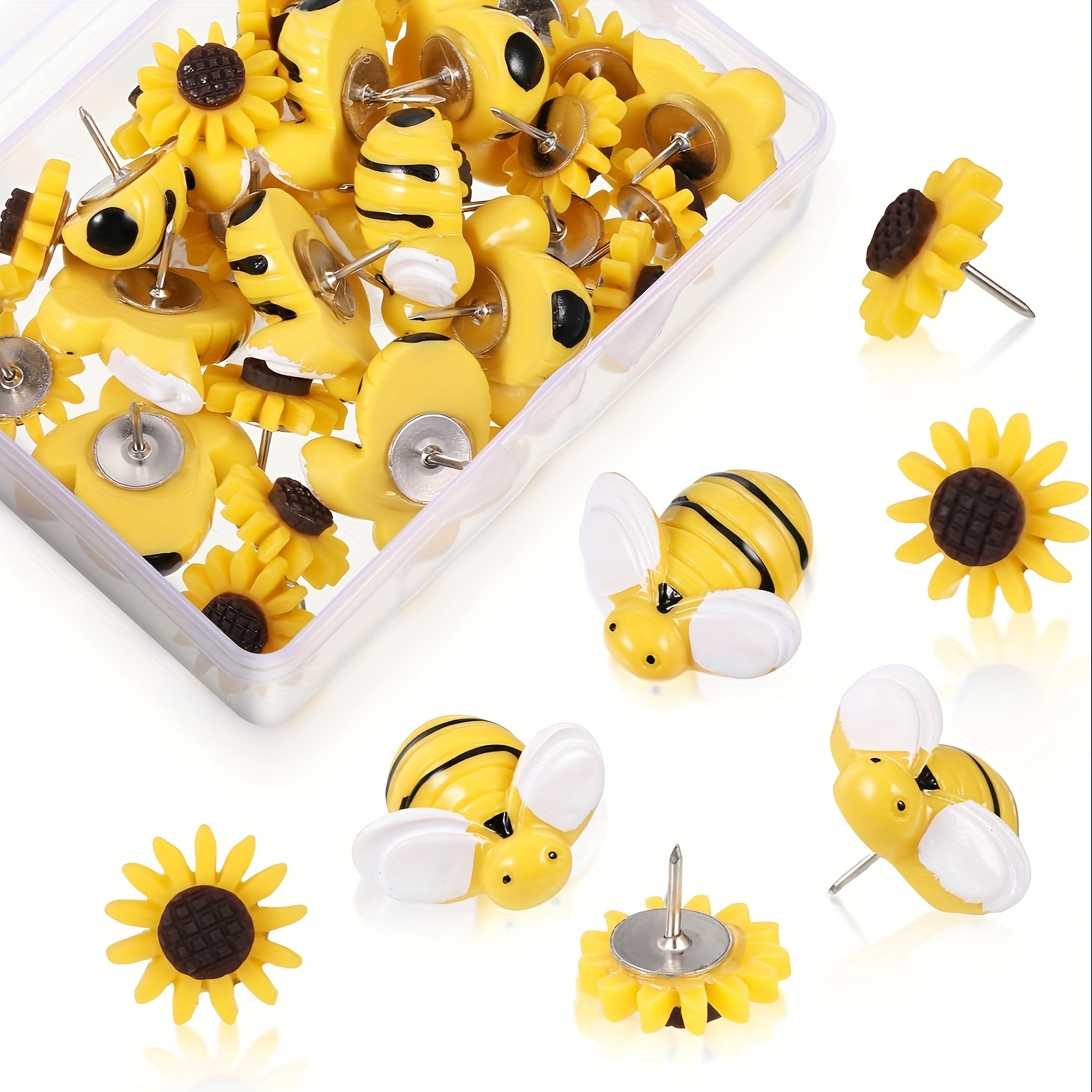 

30pcs Sunflower Thumbtacks Push Pins And Bee Push Pins, Cute Decorative Tacks For Cork Board Tacks For Photo Map Bulletin Board, Offices Schools Thumb Tacks, Flower Pins With Storage Box