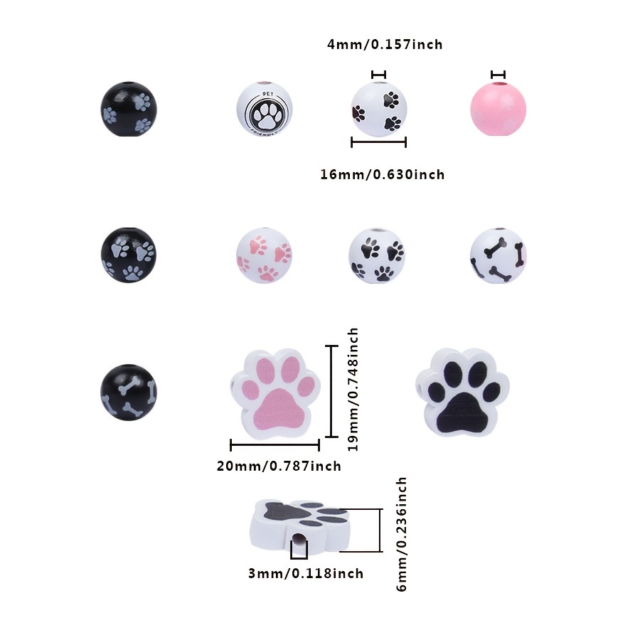 Dog Paw Bone Pattern Wooden Beads Black And White Wooden - Temu