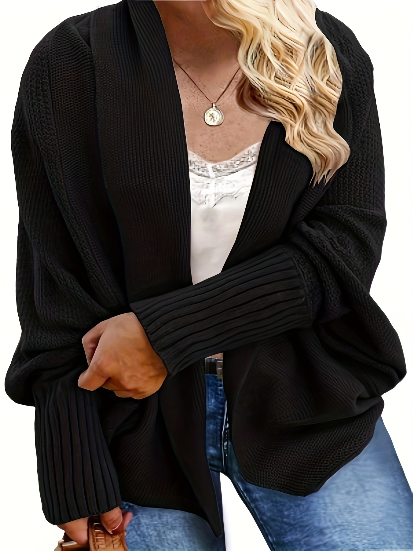 Plus Size Casual Cardigan Women's Plus Solid Ribbed Batwing - Temu