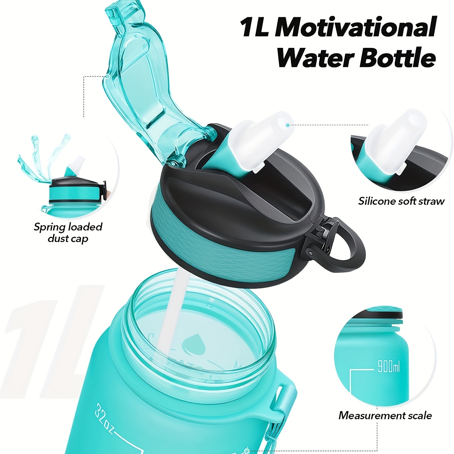 1 Litre Motivational Fitness Sport Water Bottle With Straw - Temu