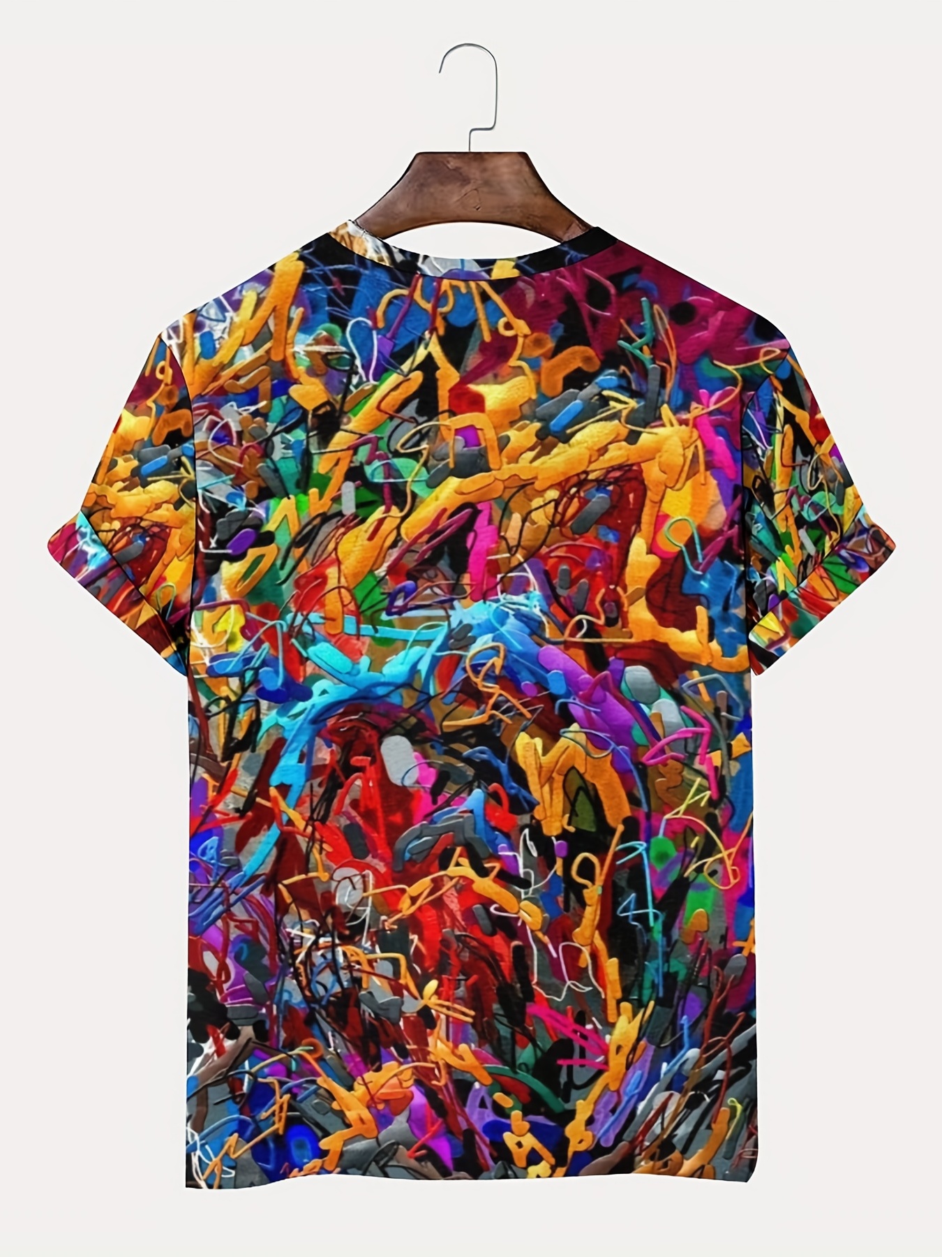 All Over Colorful Print Men's T-shirt For Summer, Casual Stretch