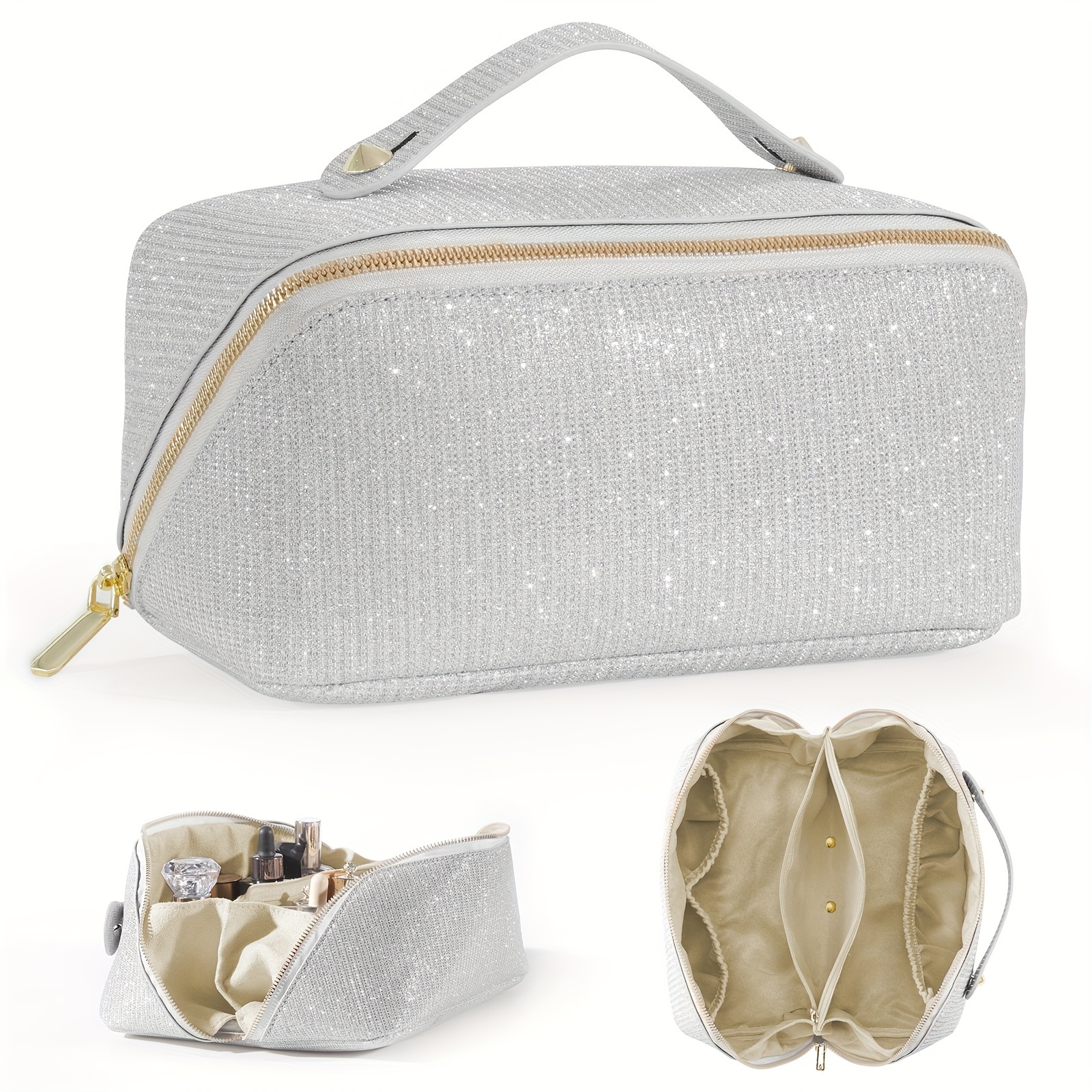 Große Make-up-Tasche Damen – Weit Geöffnet, Gestepptes Reise-Kosmetikorganizer In Taubengrau