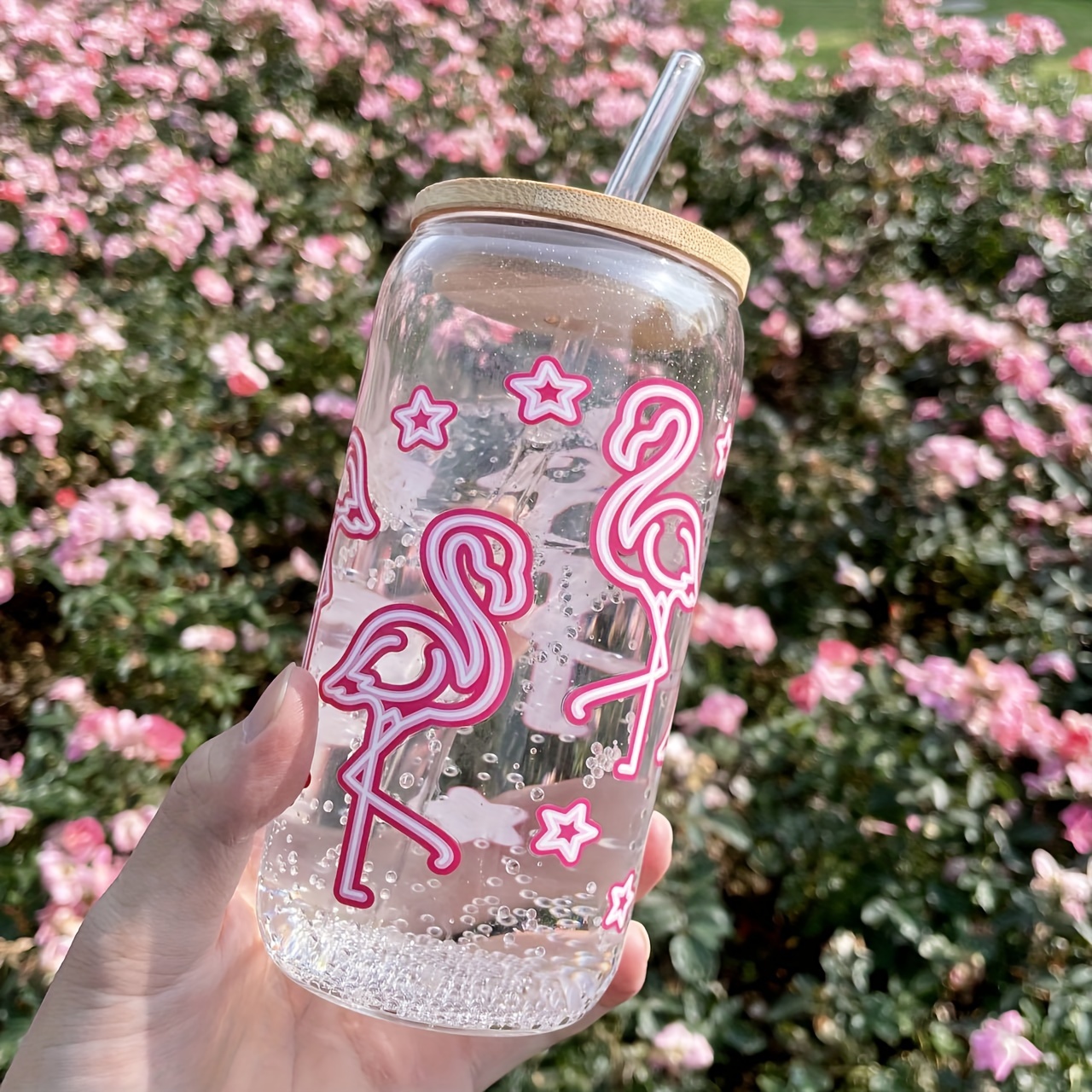 Flamingo Glass Cup with Lid with Straw