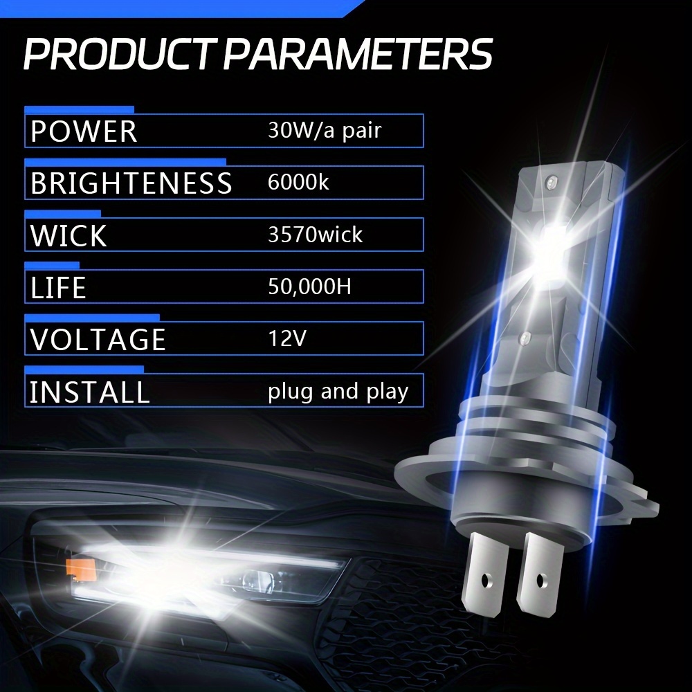 2pcs H7 Led White Headlight Bulb Kit 6000k 15000lm Auto Spotlight Led Light  Bulb With 3570 Chips For Auto Lamp Daytime Running Light Car Accessories
